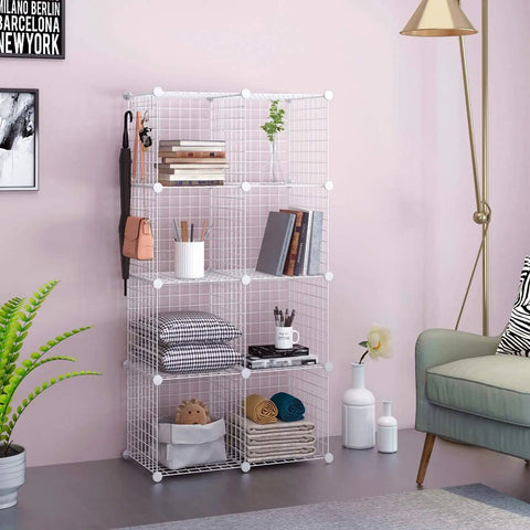 Eight Cube Wire Storage Organizer Kit With Metal Grid Shelving in living room with books and decor.
