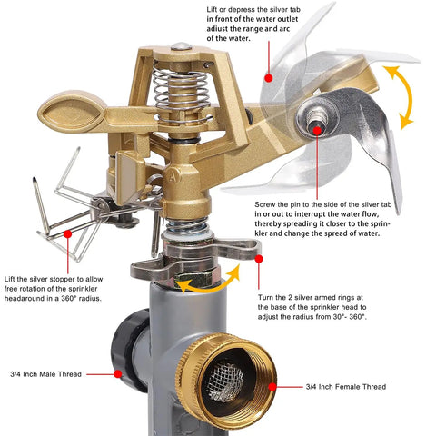 Close-up of Impact Sprinkler Head On Metal Step Spike Heavy Duty Zinc Alloy Lawn Sprinkler with adjustable nozzles and threads.