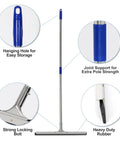 Heavy Duty 55 Inch Floor Squeegee With Wide 22 Inch Silicone Blade And Sturdy Steel Handle features, including strong locking bolt and hanging hole.