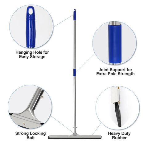 Heavy Duty 55 Inch Floor Squeegee With Wide 22 Inch Silicone Blade And Sturdy Steel Handle features, including strong locking bolt and hanging hole.