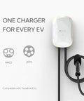 Level 2 Home EV Charger With 48 Amp Hardwired Design showing NACS and J1772 connectors, mounted on a wall.