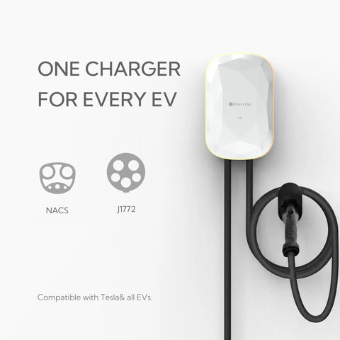 Level 2 Home EV Charger With 48 Amp Hardwired Design showing NACS and J1772 connectors, mounted on a wall.