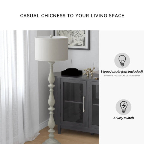 Bernadate Cottage Candlestick Floor Lamp, 61 Inch Tall, 3 Way Switch, Whitewashed Cast Resin Base With White Fabric Drum Shade next to cabinet