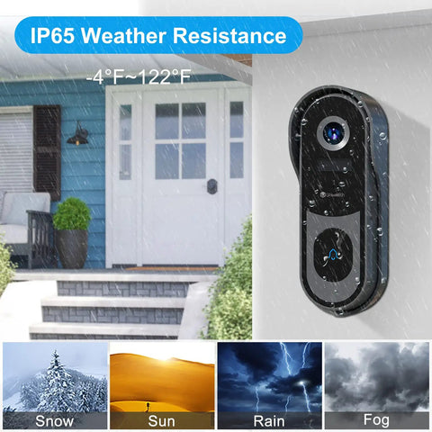 2K Wireless Video Doorbell Camera With Real Time Alerts 2 Way Audio Battery Powered, mounted outdoors in rain, IP65 rated