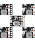 Five Pack Mini DC Buck Converter Set 4.5 to 20V Input to 5V Output With Adjustable 1 to 16V Or Fixed 5V 9V 12V 3A 10W Step Down Regulator Board For Makers And Tinkerers Projects in a 5-piece layout showing detailed electronic components on compact regulator boards.