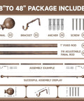 Walnut Wood Grain Curtain Rod Set Go-To Heavy Duty Iron Rods With 1 Inch Diameter Adjustable 28 To 48 Inch Imitation Wood Finish Finials Decorative Window Rod Set For Vintage Home Decor And Everyday Use package contents including rods, finials, brackets, screws, and anchors
