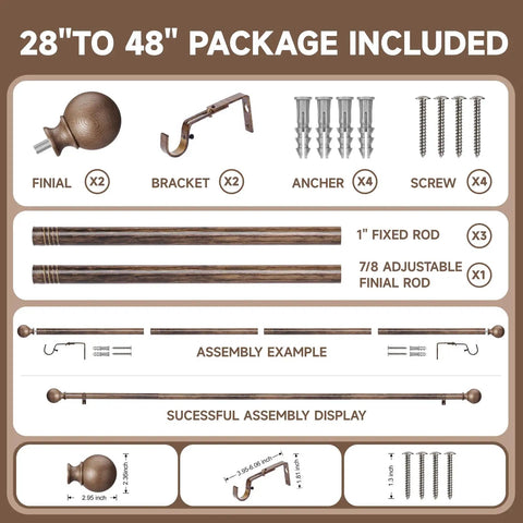 Walnut Wood Grain Curtain Rod Set Go-To Heavy Duty Iron Rods With 1 Inch Diameter Adjustable 28 To 48 Inch Imitation Wood Finish Finials Decorative Window Rod Set For Vintage Home Decor And Everyday Use package contents including rods, finials, brackets, screws, and anchors