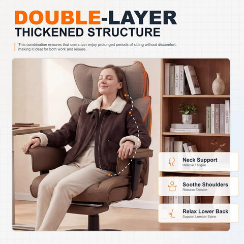 Person sitting on Big And Tall Office Chair With Pocket Spring Cushion And Plush Back High Back Comfy Ergonomic Gaming Style Desk Chair With Adjustable Armrests Lumbar Support Footrest Brown PU Leather, demonstrating comfort and support.