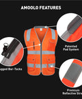 High Visibility Safety Vest With Nine Pockets Zipper Closure Padded Neck And 360 Degree Reflective Strips ANSI ISEA Type R Class 2 Yellow Size Large For Construction Roadwork And Outdoor Jobs with detailed feature highlights
