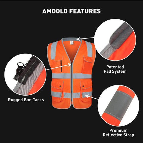 High Visibility Safety Vest With Nine Pockets Zipper Closure Padded Neck And 360 Degree Reflective Strips ANSI ISEA Type R Class 2 Yellow Size Large For Construction Roadwork And Outdoor Jobs with detailed feature highlights