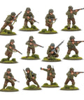 World War II 28mm Tabletop Battle Game Starter Set With 12 US Rangers Miniatures on grassy bases, ready for gameplay.