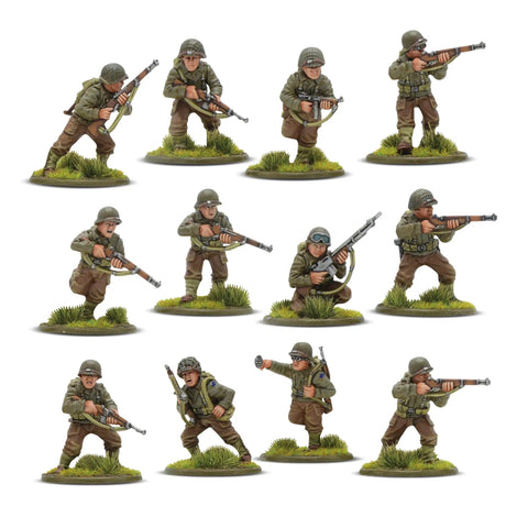 World War II 28mm Tabletop Battle Game Starter Set With 12 US Rangers Miniatures on grassy bases, ready for gameplay.