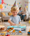 Child in party hat holding Construction Race Car Track Set For Kids With Flexible Bendable Tracks And 2 Electric Cars DIY