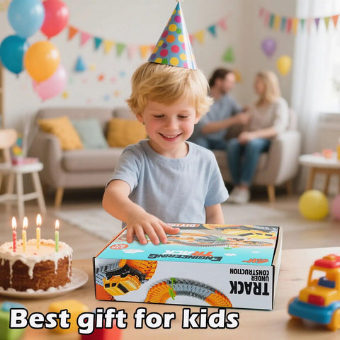 Child in party hat holding Construction Race Car Track Set For Kids With Flexible Bendable Tracks And 2 Electric Cars DIY