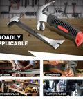 Hammer And Pry Bar Set With Non Slip Fiberglass Handle For Pro Grade Multipurpose Durable Repair And Home Improvement Tools Ergonomic Grip Heat Treated Steel Chrome Plated For Corrosion Resistance on a woodworking table with collage of uses in background