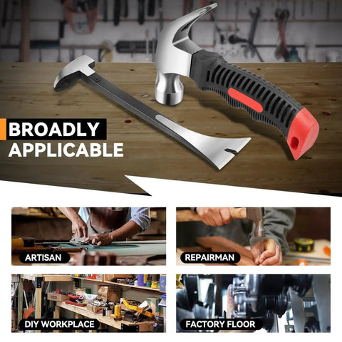 Hammer And Pry Bar Set With Non Slip Fiberglass Handle For Pro Grade Multipurpose Durable Repair And Home Improvement Tools Ergonomic Grip Heat Treated Steel Chrome Plated For Corrosion Resistance on a woodworking table with collage of uses in background