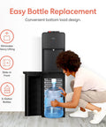 Person loading 5-gallon bottle into Bottom Load Water Cooler Dispenser with Hot Cold and Room Temp Water, no plumbing needed.