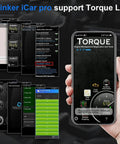 Person holding phone showing Torque Lite app for ICar Pro Mini OBD2 Bluetooth Scanner For iOS And Android Pro Diagnostic Tool.