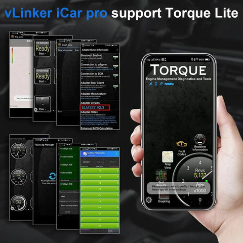Person holding phone showing Torque Lite app for ICar Pro Mini OBD2 Bluetooth Scanner For iOS And Android Pro Diagnostic Tool.