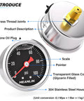 Stainless Steel Liquid Filled Pressure Gauge 0-100 Psi, One Eighth NPT, One Point Five Inch Dial, Back Mount, Glycerin Filled For Smooth Readouts, Beefy Industrial Gauge For HVAC And Plumbing, Includes Quarter NPT And Three Eighths NPT Hex Bushings.