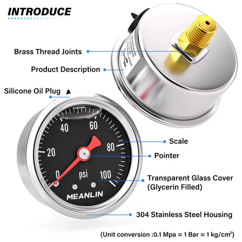 Stainless Steel Liquid Filled Pressure Gauge 0-100 Psi, One Eighth NPT, One Point Five Inch Dial, Back Mount, Glycerin Filled For Smooth Readouts, Beefy Industrial Gauge For HVAC And Plumbing, Includes Quarter NPT And Three Eighths NPT Hex Bushings.