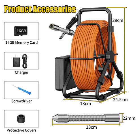 Pro Grade Sewer Inspection Camera Kit With 100Ft Cable 22mm Borescope For Pipes, 4.3 Inch IPS Screen, 12 LED Lights, 1000TVL HD, 8500mAh Battery, IP68 Waterproof, No DVR accessory set with 16GB card and charger