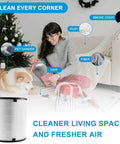 Woman with dog near Christmas tree using 3 In 1 True HEPA And Activated Carbon Replacement Filter For LV H133 Air Purifier.
