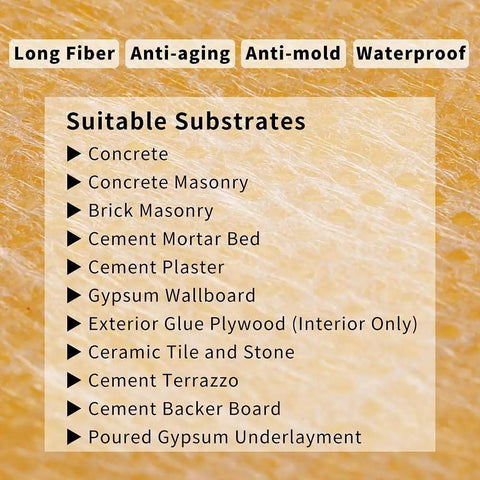 Waterproofing Membrane Roll 30 Mils Thick 5 In By 98.5 Ft Underlayment For Tile Floors Showers And Bathrooms Orange Polyethylene Fabric Waterproof Barrier Durable And Easy To Install substrates list on orange background