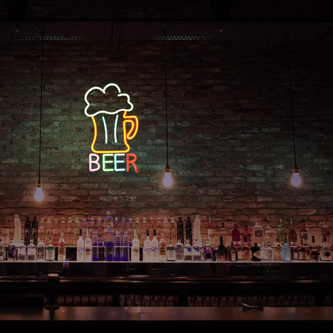 Colorful Beer Mug Neon Sign LED Neon Light for Wall Decor USB Powered 16.5 by 10.1 inch above bar setup in dimly lit venue
