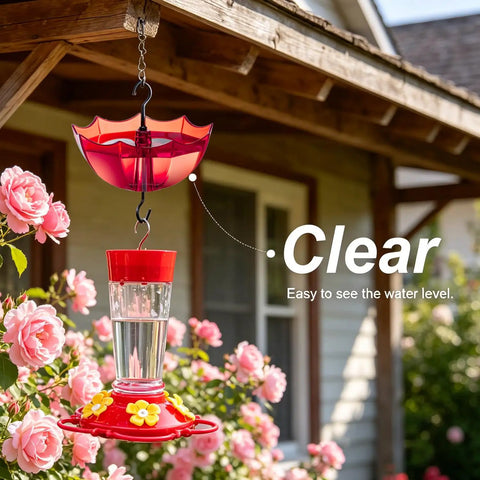 Ant Moat For Hummingbird And Oriole Feeders, 5 Oz Cup, 4 Pack, Clear Water Cup With Red Umbrella Design hanging on porch