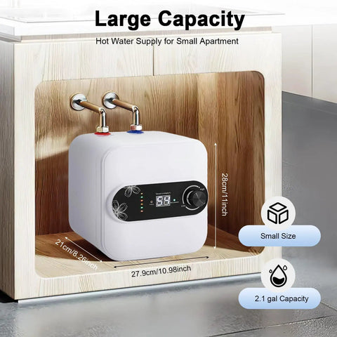 Compact 2 Point 1 Gallon Under Sink Hot Water Heater Featuring 1500 Watt Fast Heating L Shaped Rods in a small cabinet.