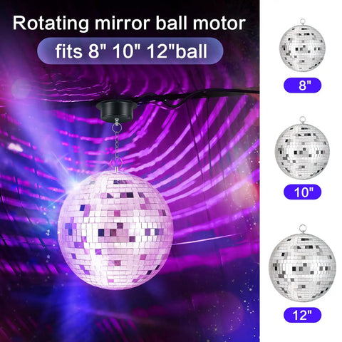 1.5 RPM Slow Disco Ball Motor For 4 To 16 Inch Mirror Balls, Heavy Duty Rotator, displaying 8, 10, 12 inch options