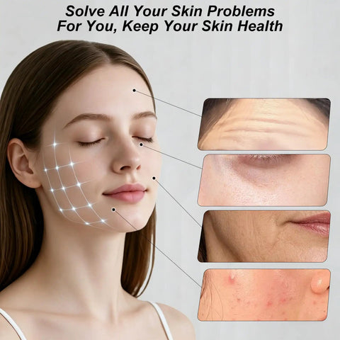 Woman using 7 In 1 Facial Care Machine With Oxygen Boost for skin issues like wrinkles, dark circles, and acne, spa-grade treatment