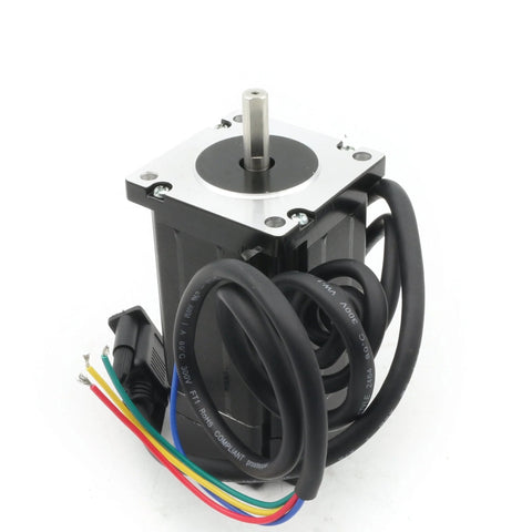 Front view of NEMA 24 closed-loop stepper motor with silver mounting plate, black housing and multi-color cable.