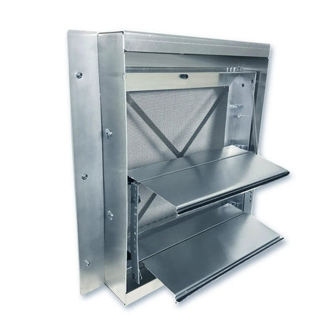 No Worries 10 Inch Gravity Damper Intake Louvered Vents For Storage Sheds And Goat Barns, 2 Pack shown with silver finish and mesh.