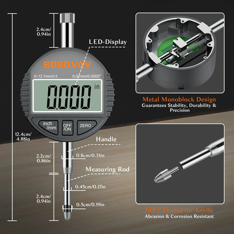 BOBOVAV black digital dial bore gauge front view with LED display, 0.7–6 in range, 0.0005 in precision
