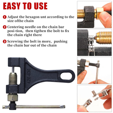 Stylemafia chain breaker tool for #420-530 chains; front view, black metal tool with adjustable bolt and push pin