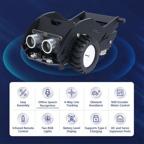 SharkBot Smart Car Kit With Offline Voice Control ESP32 Coding Robot For Kids Age 8 To 12 Supports Arduino ACECode And Classroom Home Education Gift For Boys And Girls Totally Kid Friendly With I2C Ports Servo Extensions And RGB Lights, black robot car front view