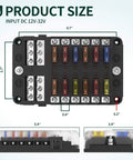 12 Way Fuse Block With LED Indicator, 12V Blade Fuse Box, 12-Circuit Marine Fuse Panel With Waterproof Cover, ATO ATC Type