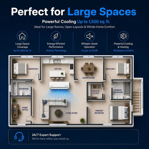 Floor plan showing layout for large spaces with powerful cooling by Top Tier 30000 BTU Smart Mini Split AC And Heat Pump With Wifi And Voice Control.
