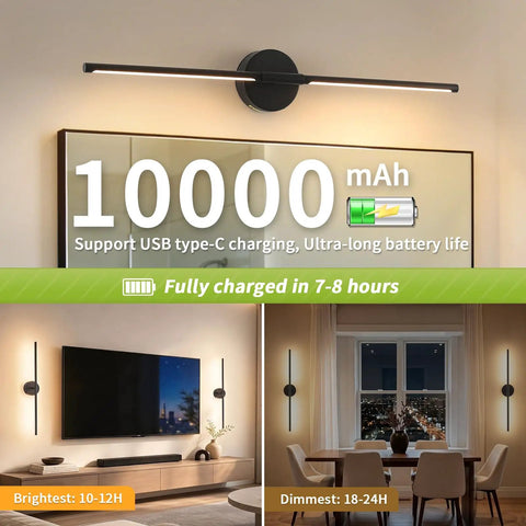 vidvic 28Inch Rechargeable Black Wall Sconces Set of 2 Dimmable and Remote with USB-C charging and battery life info