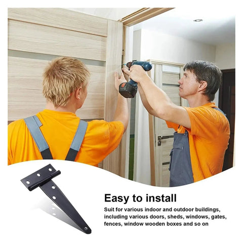 Workers installing Six Pack 4 Inch T Strap Hinges Built Tough Rustic Black For Windows, Fences, Barn Doors and Gates