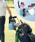Ultimate Golf Push Cart Organizer Bag With Drink Holders, Zippered Pockets, Aqua Geometric on a golf course with equipment