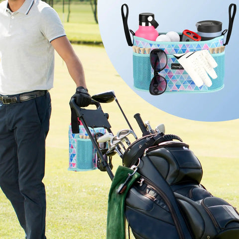 Ultimate Golf Push Cart Organizer Bag With Drink Holders, Zippered Pockets, Aqua Geometric on a golf course with equipment