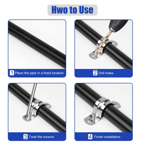 JDHGSHL 30Pcs stainless steel conduit clamps, 3/4 in, 2-hole U brackets for pipe fixing; installation steps shown