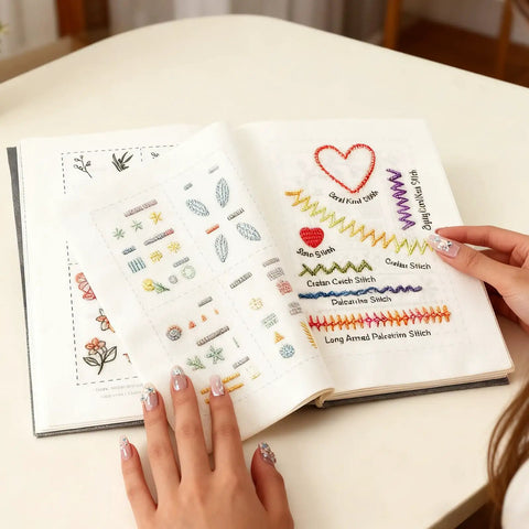 Person browsing Embroidery Stitch Book Kit With 106 Patterns, Complete Toolkit And Step By Step Tutorial For Beginners And Embroidery Enthusiasts