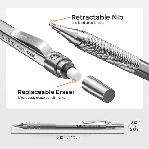 Close-up of 0.7mm Metal Mechanical Pencil with retractable nib and replaceable eraser from Three Pack MP1000 Pro Grade Drafting Kit.