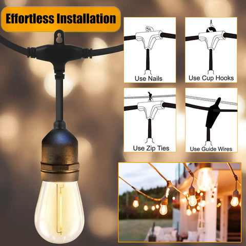LED Outdoor String Lights 48 Feet Commercial Grade Patio String Lights With 26 S14 Shatterproof Bulbs, installation methods