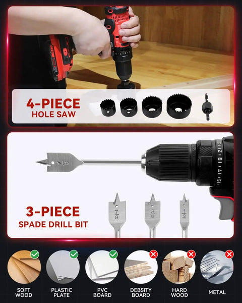 400 Piece Drill Bit Set With Drawer Case For Metal Wood And Masonry Pro Grade Drill And Screwdriver Bit Kit close-up on spade and hole saw bits