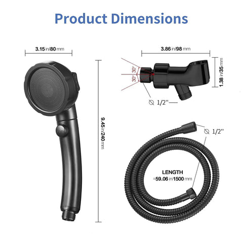 Dimensions of High Pressure Handheld Shower Head With On Off Pause Button Detachable Design 3 Spray Modes Massager Hose Black Finish